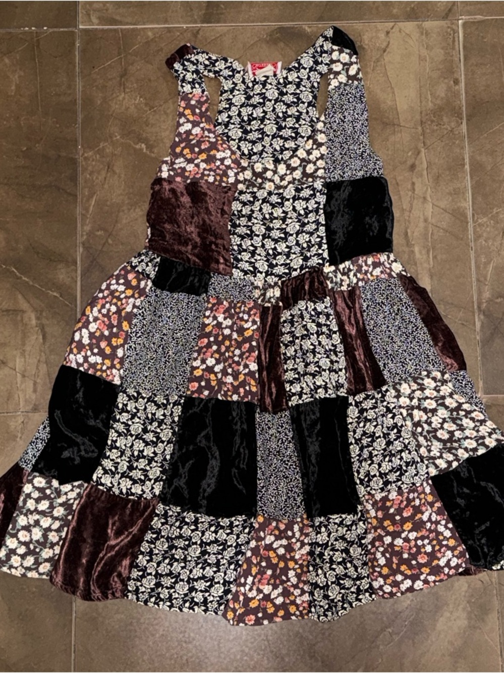 Vintage Patchwork Floral Velvet Tiered Sleeveless Dress - Size Medium